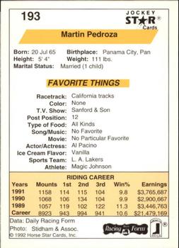 1992 Jockey Star #193 Martin Pedroza Back